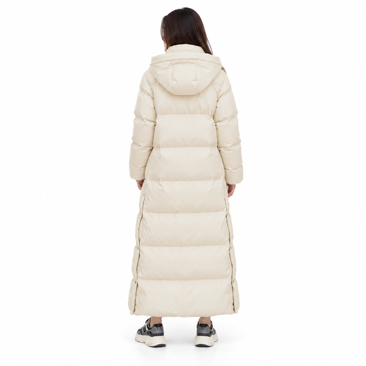 Women's ankle-length hooded puffer coat in Beige - back view