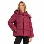 Women's hooded puffer jacket in Wine Red - front view