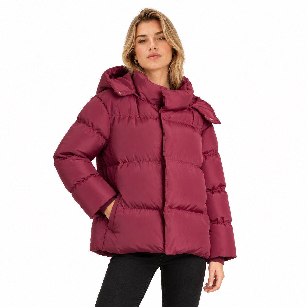 Women's hooded puffer jacket in Wine Red - front view