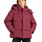 Women's hooded puffer jacket in Wine Red - detail view