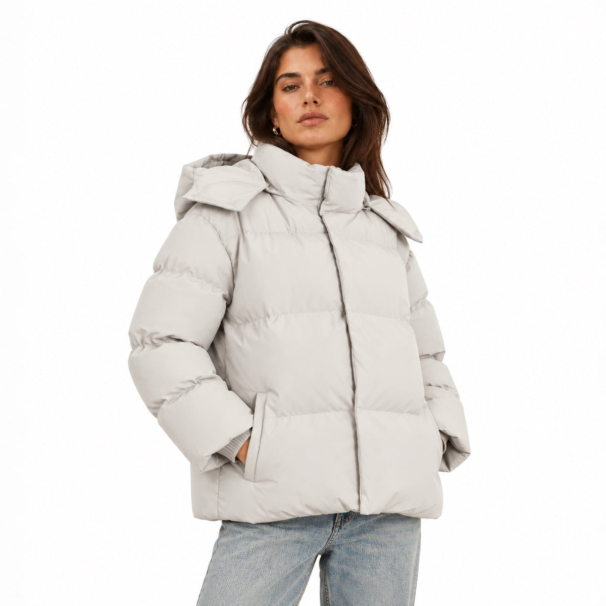 Women's hooded puffer jacket in Beige - front view