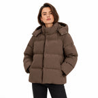 Women's hooded puffer jacket in Brown - front view