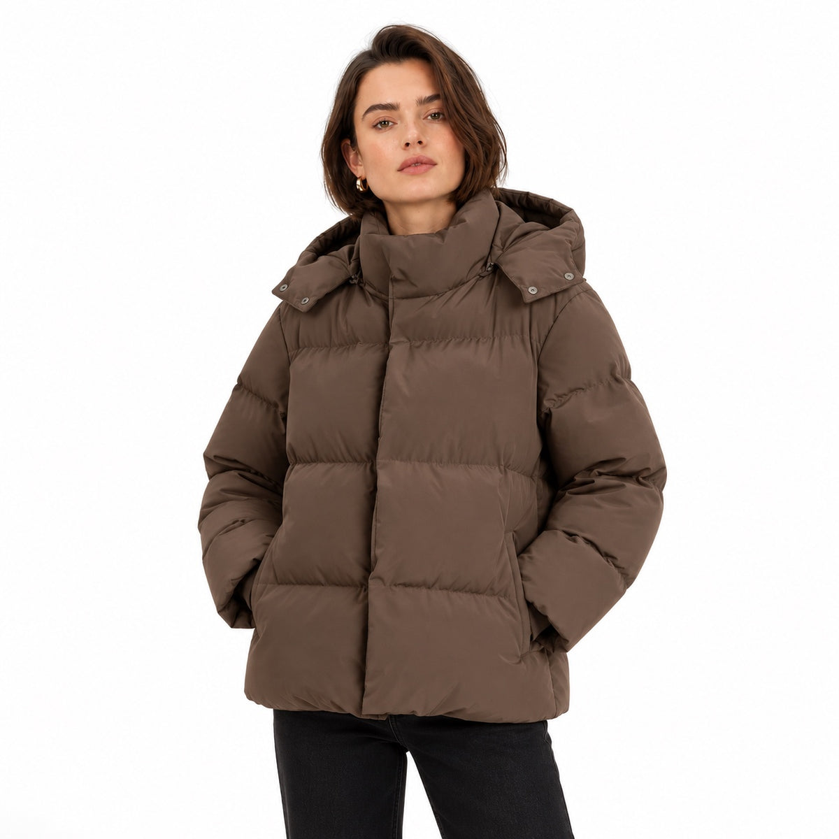 Women's hooded puffer jacket in Brown - front view