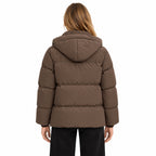 Women's hooded puffer jacket in Brown - back view