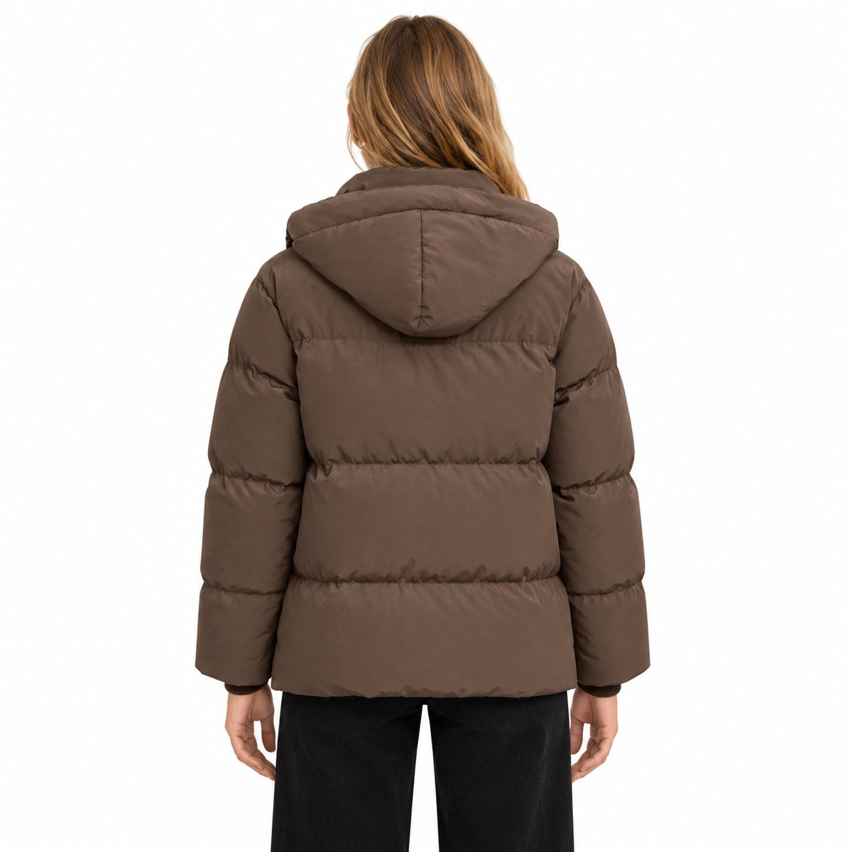 Women's hooded puffer jacket in Brown - back view