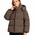Women's hooded puffer jacket in Brown - detail view