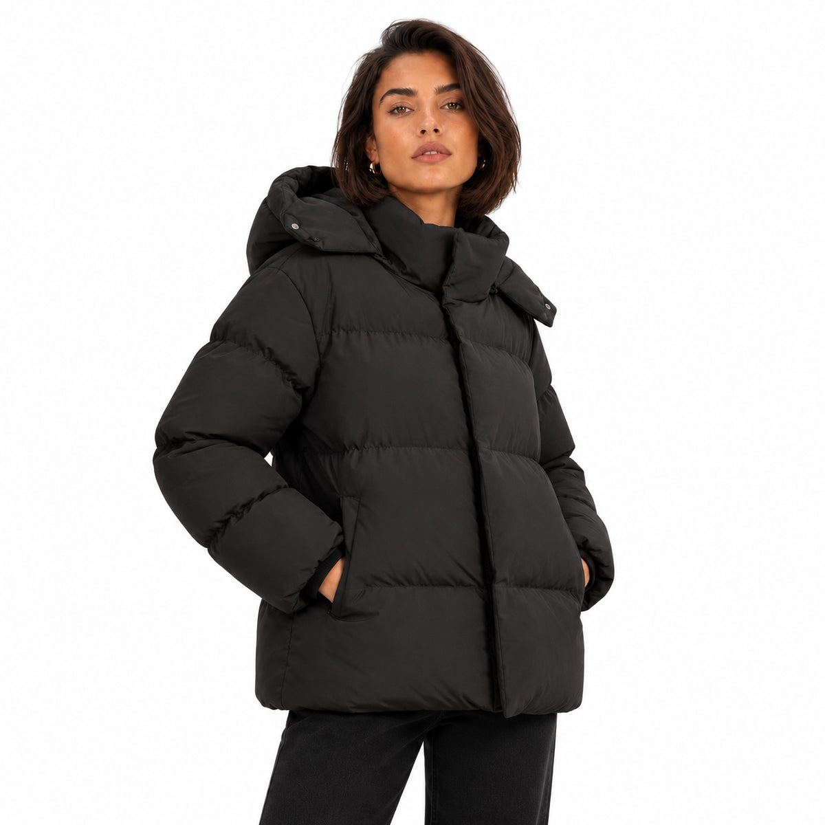 Women's hooded puffer jacket in Black - front view