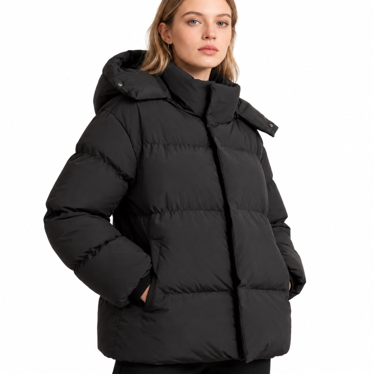 Women's hooded puffer jacket in Black - detail view