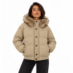 Women's faux-fur-trim hooded puffer jacket in Khaki - front view