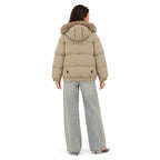 Women's faux-fur-trim hooded puffer jacket in Khaki - back view
