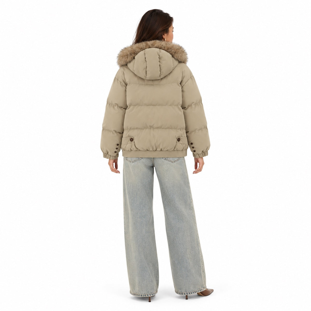 Women's faux-fur-trim hooded puffer jacket in Khaki - back view