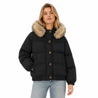 Women's faux-fur-trim hooded puffer jacket in Black - front view