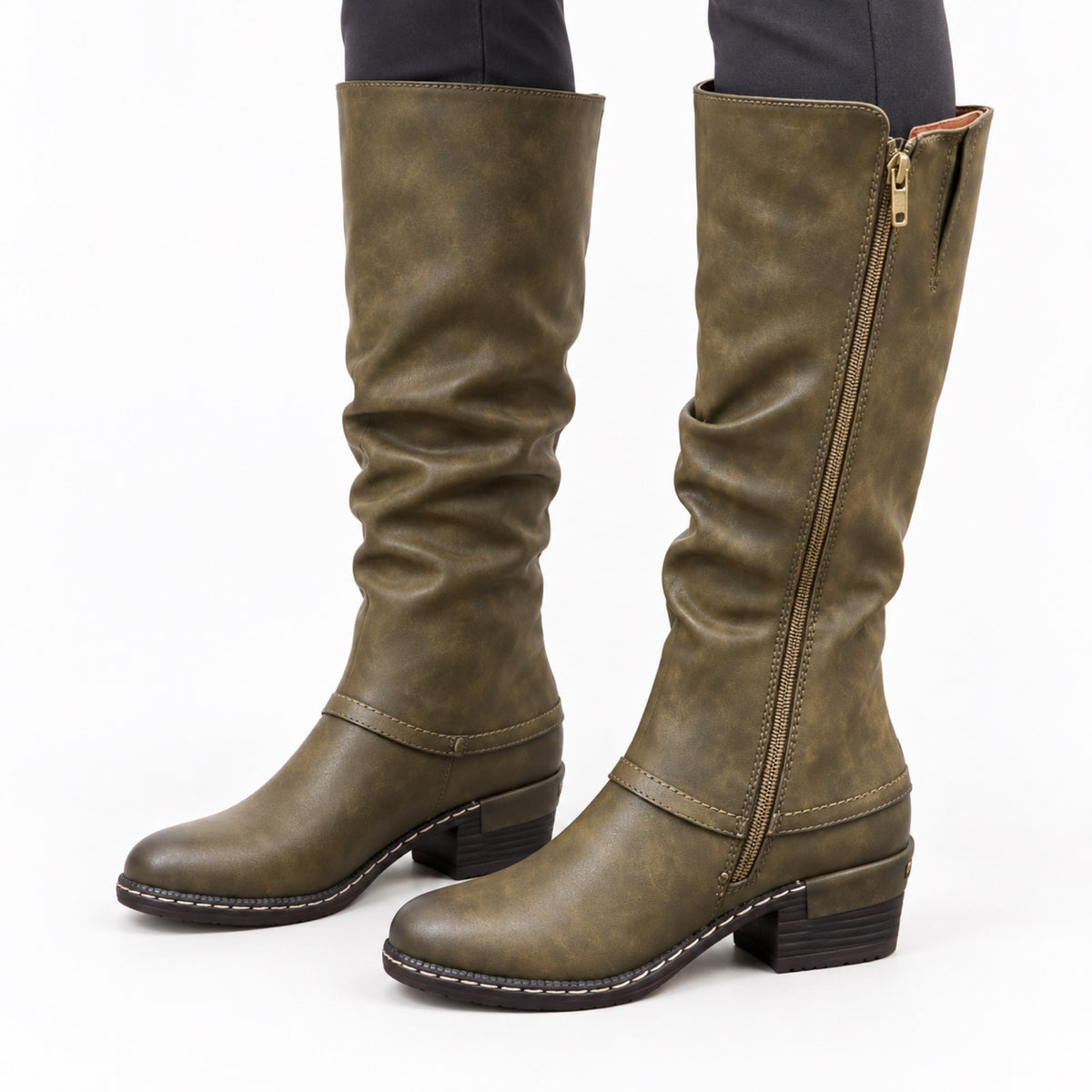 Women's Knee-High Side-Zip Boots Rounded Toe Low Block Heel Regular Fit
