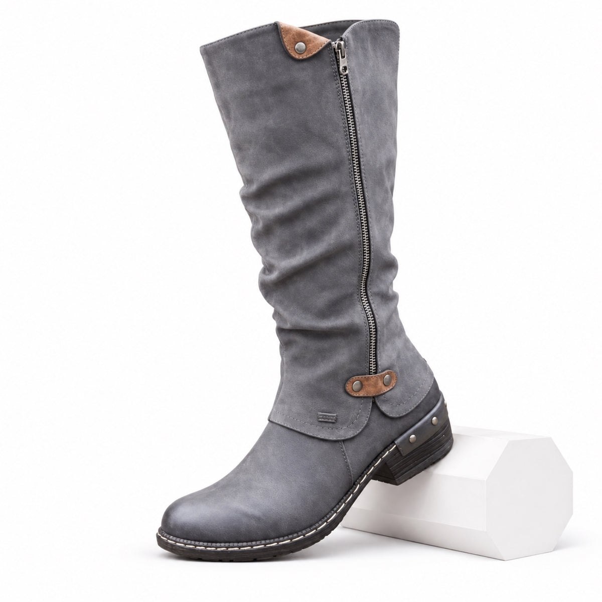 Women's Knee-High Side-Zip Boots Rounded Toe Low Block Heel Regular Fit
