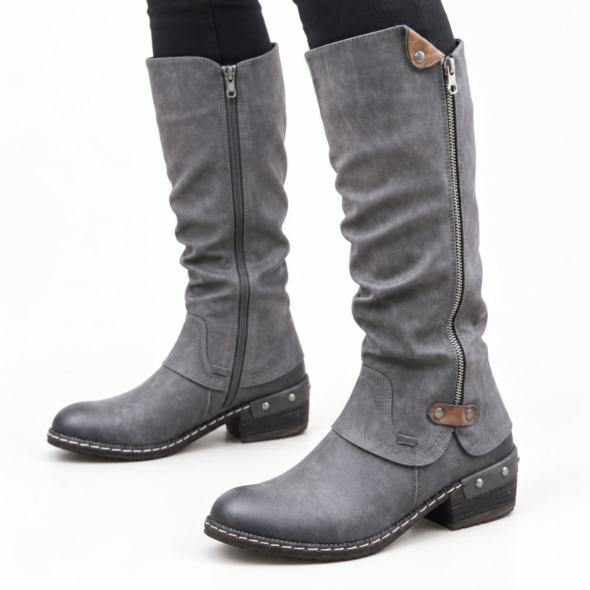 Women's Knee-High Side-Zip Boots Rounded Toe Low Block Heel Regular Fit