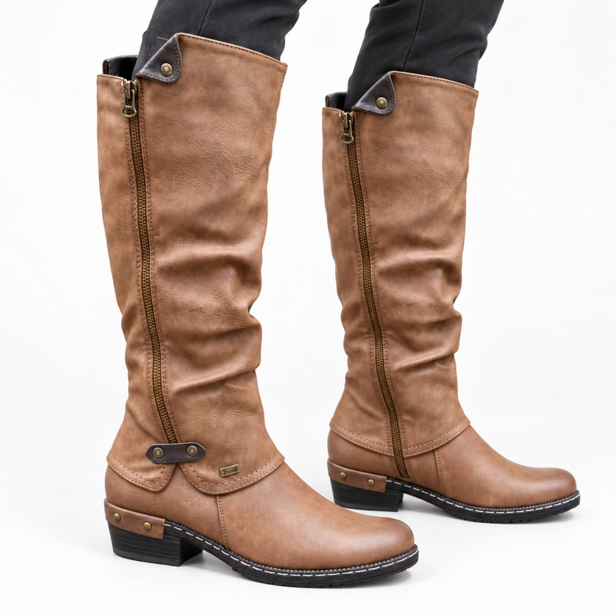 Women's Knee-High Side-Zip Boots Rounded Toe Low Block Heel Regular Fit