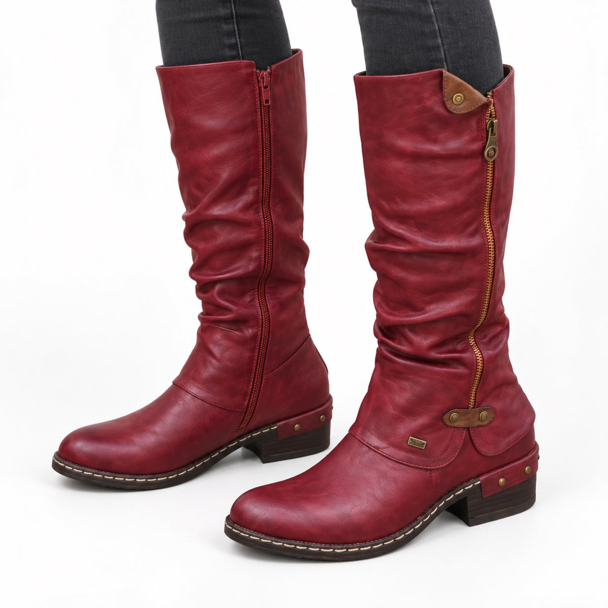 Women's Knee-High Side-Zip Boots Rounded Toe Low Block Heel Regular Fit