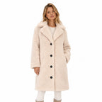 Women's Knee-Length Teddy Coat Notched Lapel Button Front Relaxed Fit