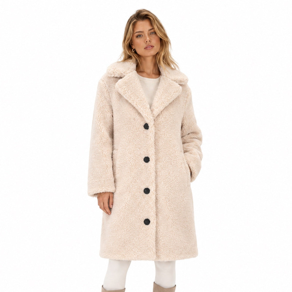 Women's Knee-Length Teddy Coat Notched Lapel Button Front Relaxed Fit