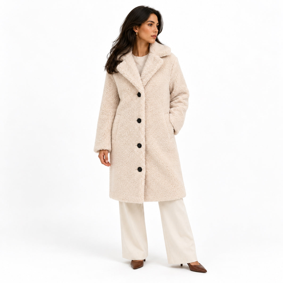 Women's Knee-Length Teddy Coat Notched Lapel Button Front Relaxed Fit