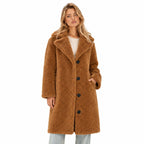 Women's Knee-Length Teddy Coat Notched Lapel Button Front Relaxed Fit
