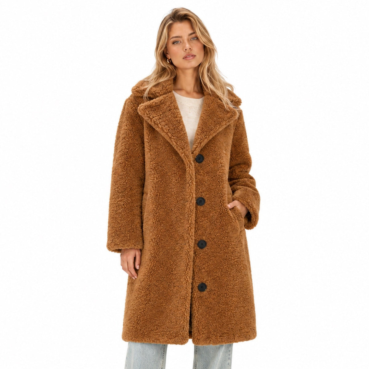 Women's Knee-Length Teddy Coat Notched Lapel Button Front Relaxed Fit