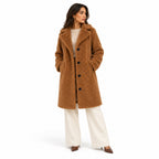 Women's Knee-Length Teddy Coat Notched Lapel Button Front Relaxed Fit