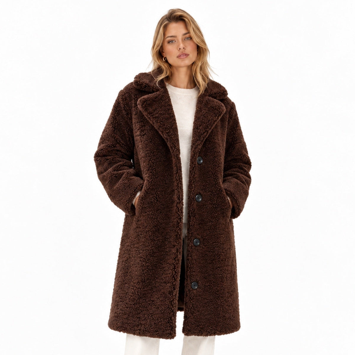 Women's Knee-Length Teddy Coat Notched Lapel Button Front Relaxed Fit