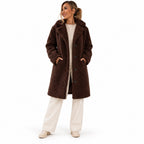 Women's Knee-Length Teddy Coat Notched Lapel Button Front Relaxed Fit