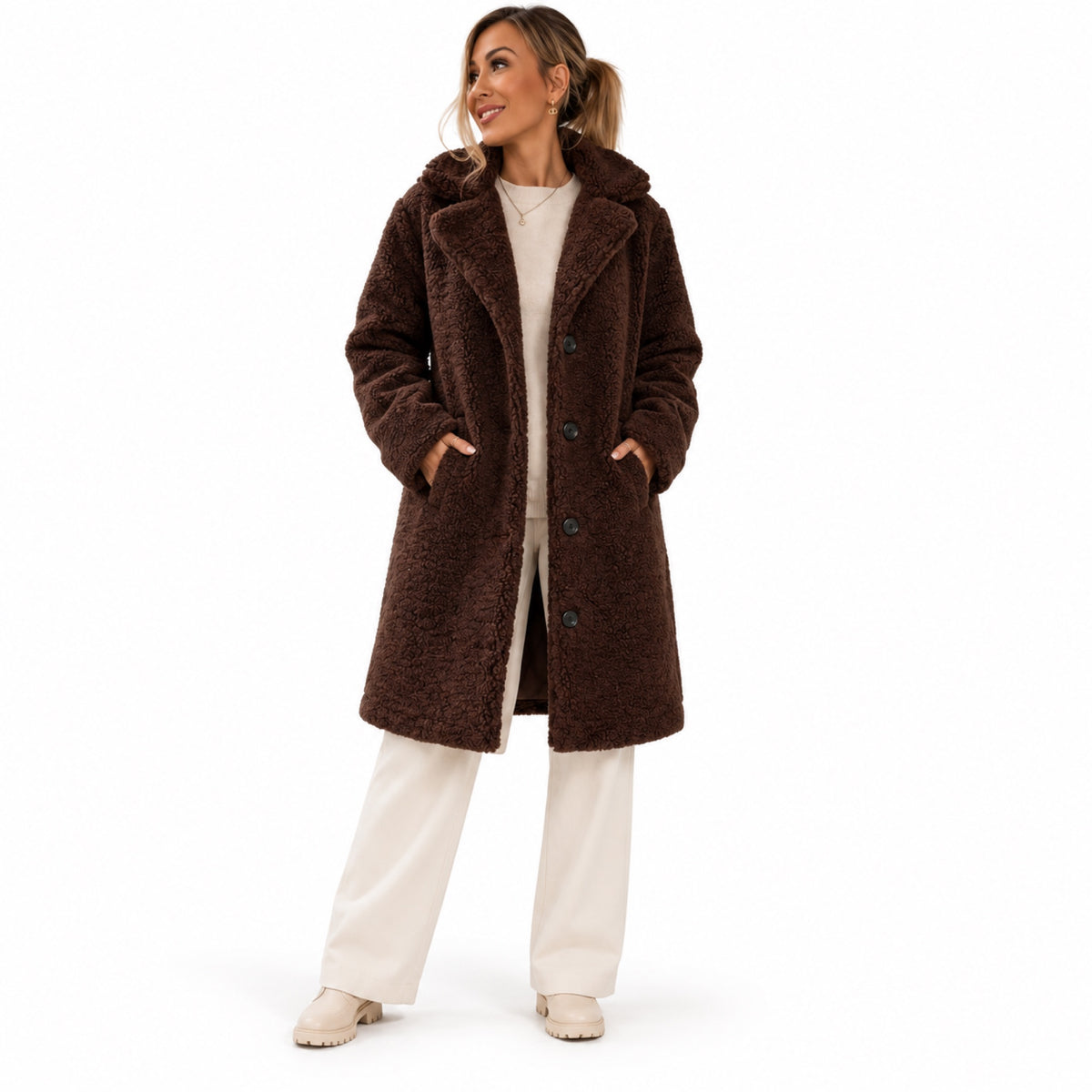 Women's Knee-Length Teddy Coat Notched Lapel Button Front Relaxed Fit