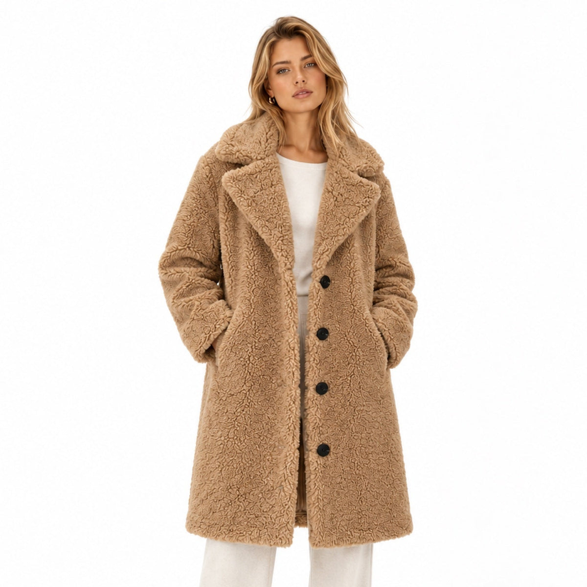 Women's Knee-Length Teddy Coat Notched Lapel Button Front Relaxed Fit