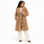 Women's Knee-Length Teddy Coat Notched Lapel Button Front Relaxed Fit