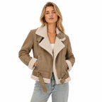 Women's Shearling-Lined Faux-Suede Biker Jacket Buckled Regular Fit