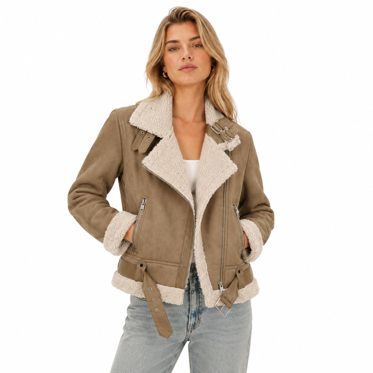 Women's Shearling-Lined Faux-Suede Biker Jacket Buckled Regular Fit