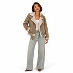 Women's Shearling-Lined Faux-Suede Biker Jacket Buckled Regular Fit