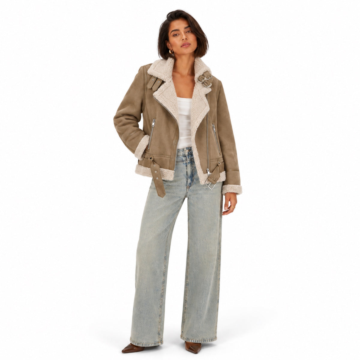 Women's Shearling-Lined Faux-Suede Biker Jacket Buckled Regular Fit