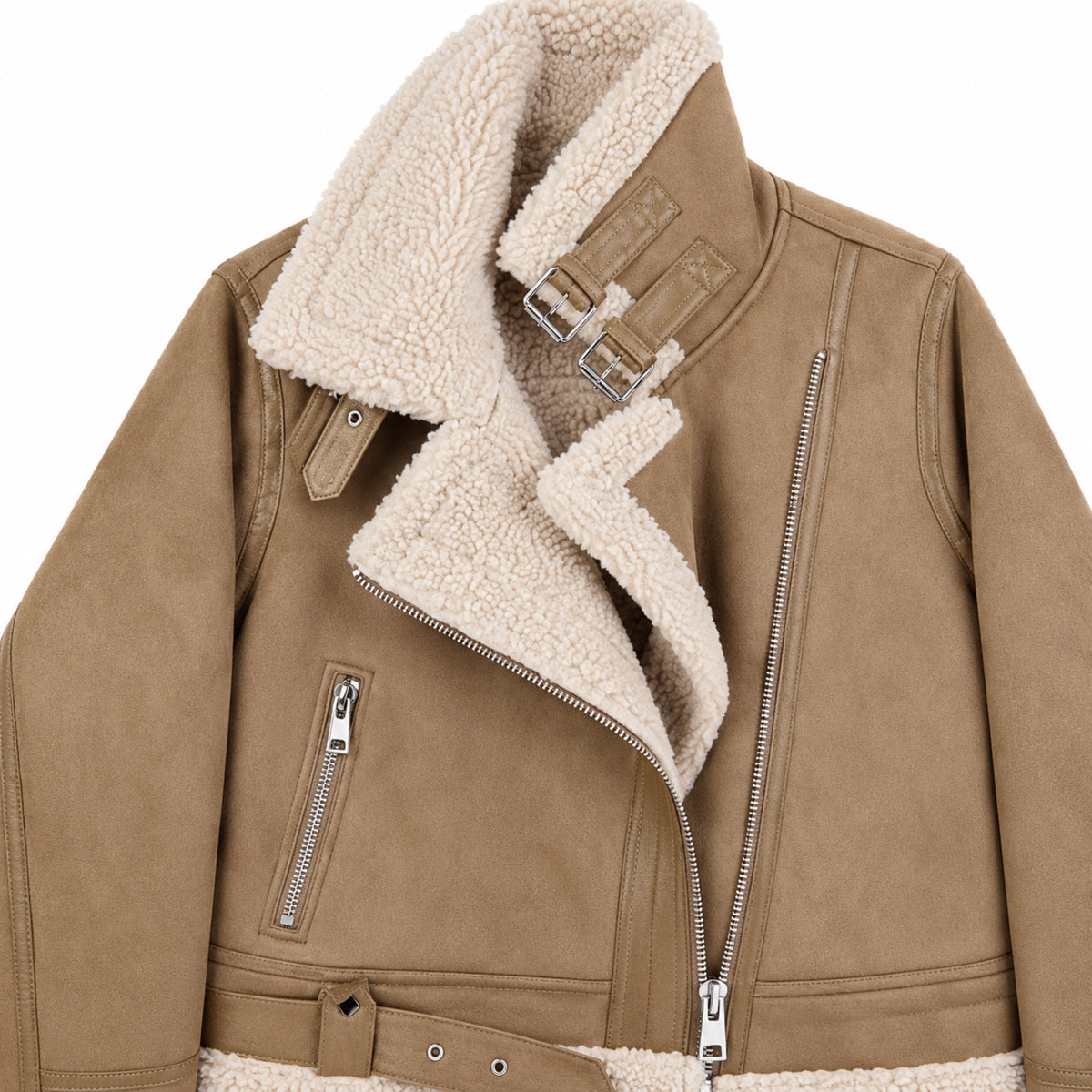 Women's Shearling-Lined Faux-Suede Biker Jacket Buckled Regular Fit