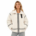 Women's Contrast-Piped Teddy Zip Jacket Buckle Detail Oversized Fit