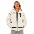 Women's Contrast-Piped Teddy Zip Jacket Buckle Detail Oversized Fit