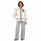 Women's Contrast-Piped Teddy Zip Jacket Buckle Detail Oversized Fit