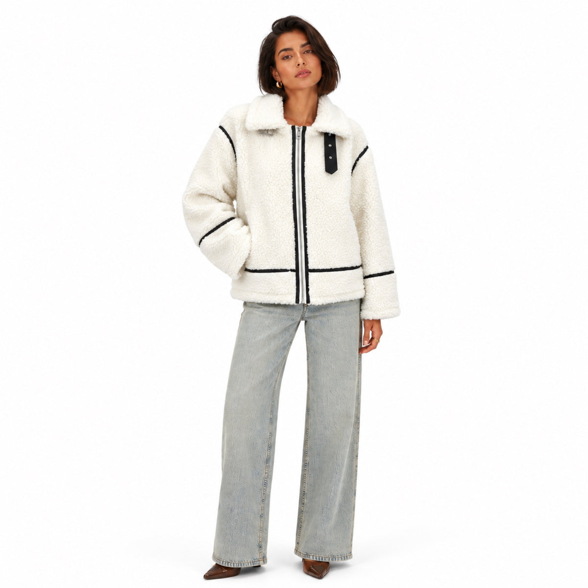 Women's Contrast-Piped Teddy Zip Jacket Buckle Detail Oversized Fit