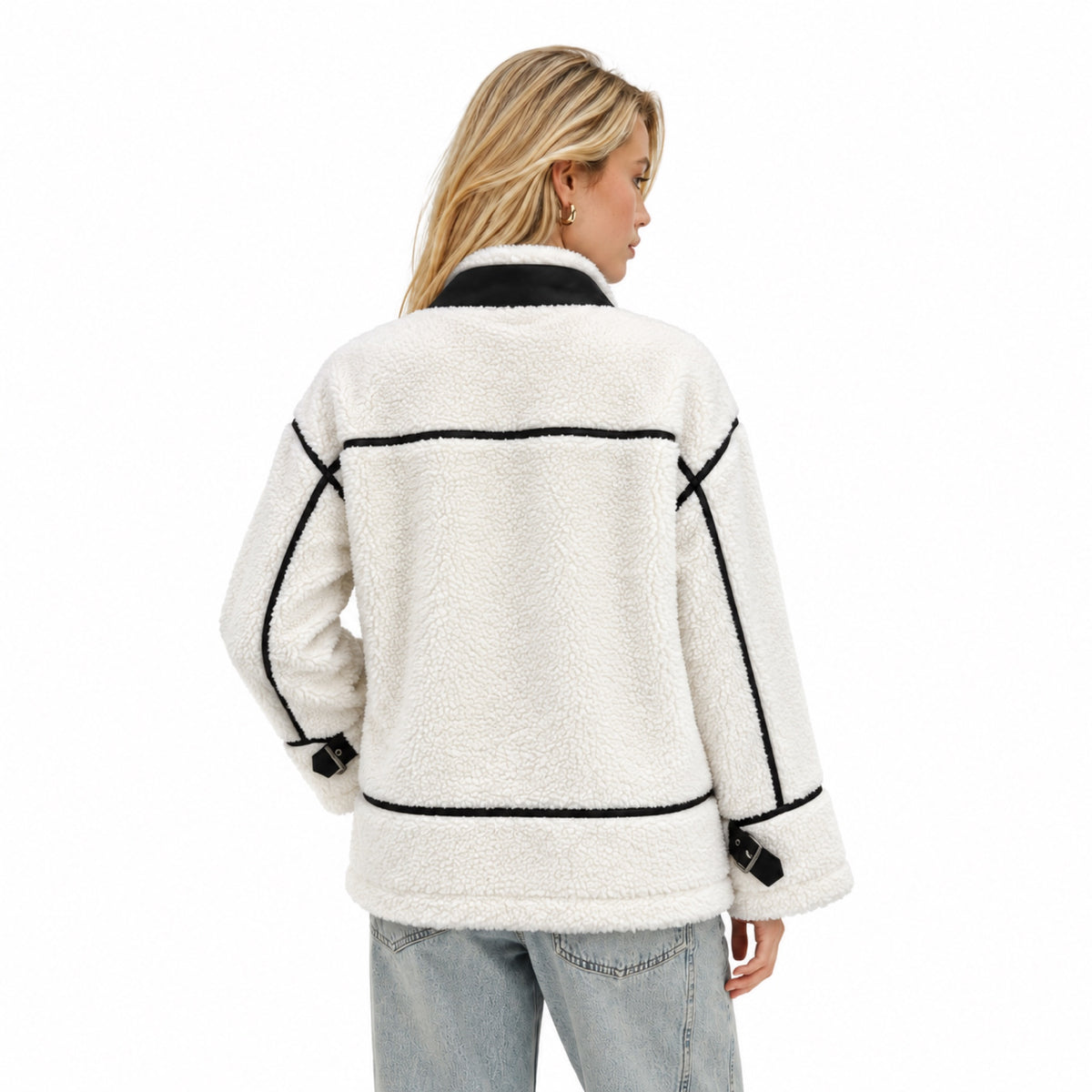 Women's Contrast-Piped Teddy Zip Jacket Buckle Detail Oversized Fit