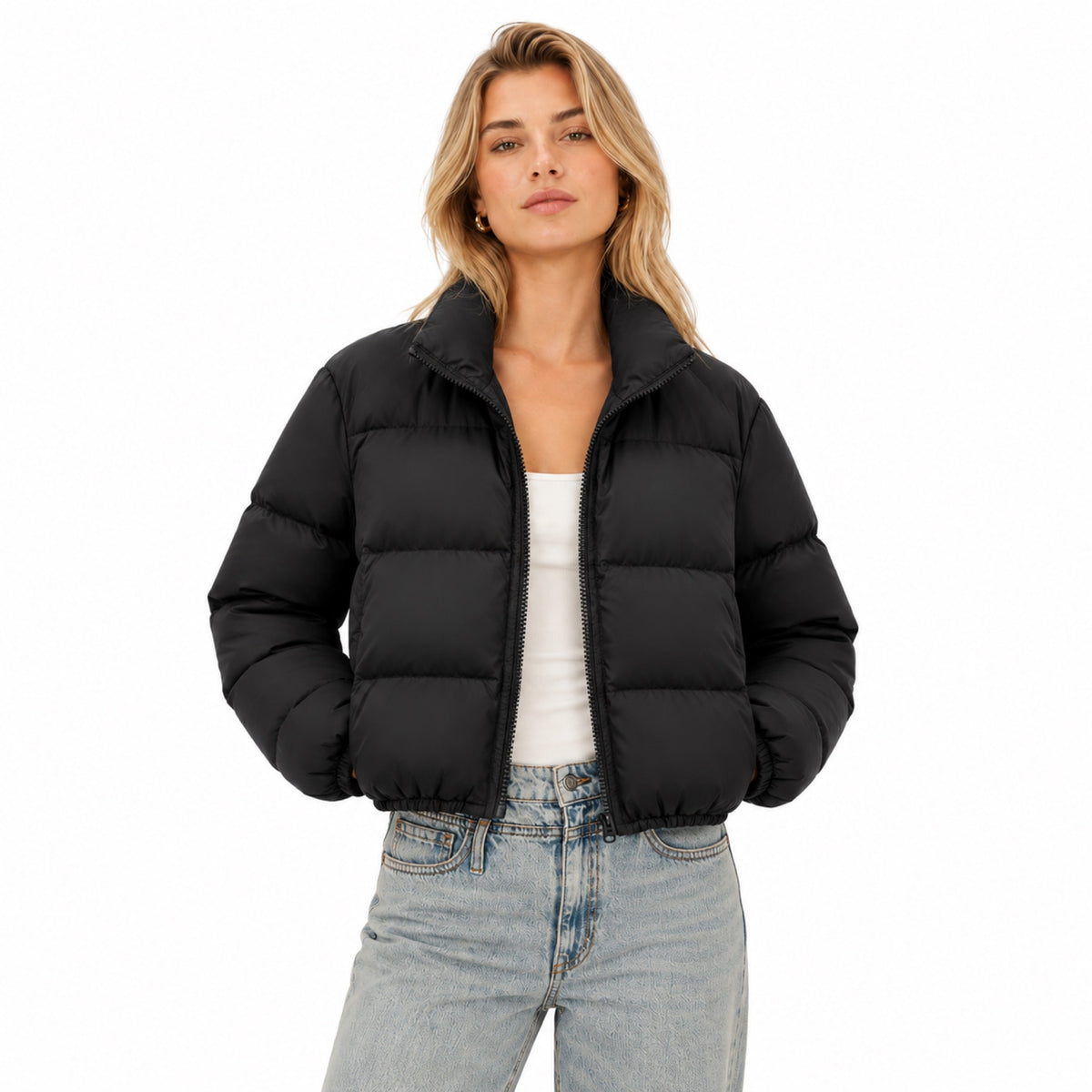 Women's Cropped Puffer Jacket High Stand Collar Relaxed Fit