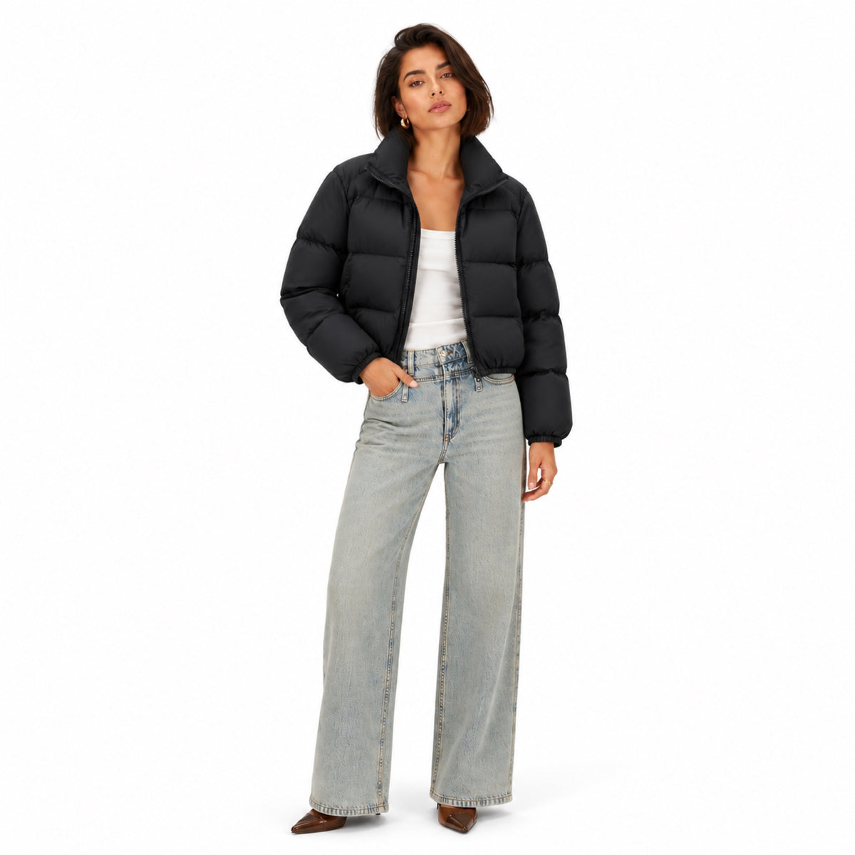 Women's Cropped Puffer Jacket High Stand Collar Relaxed Fit