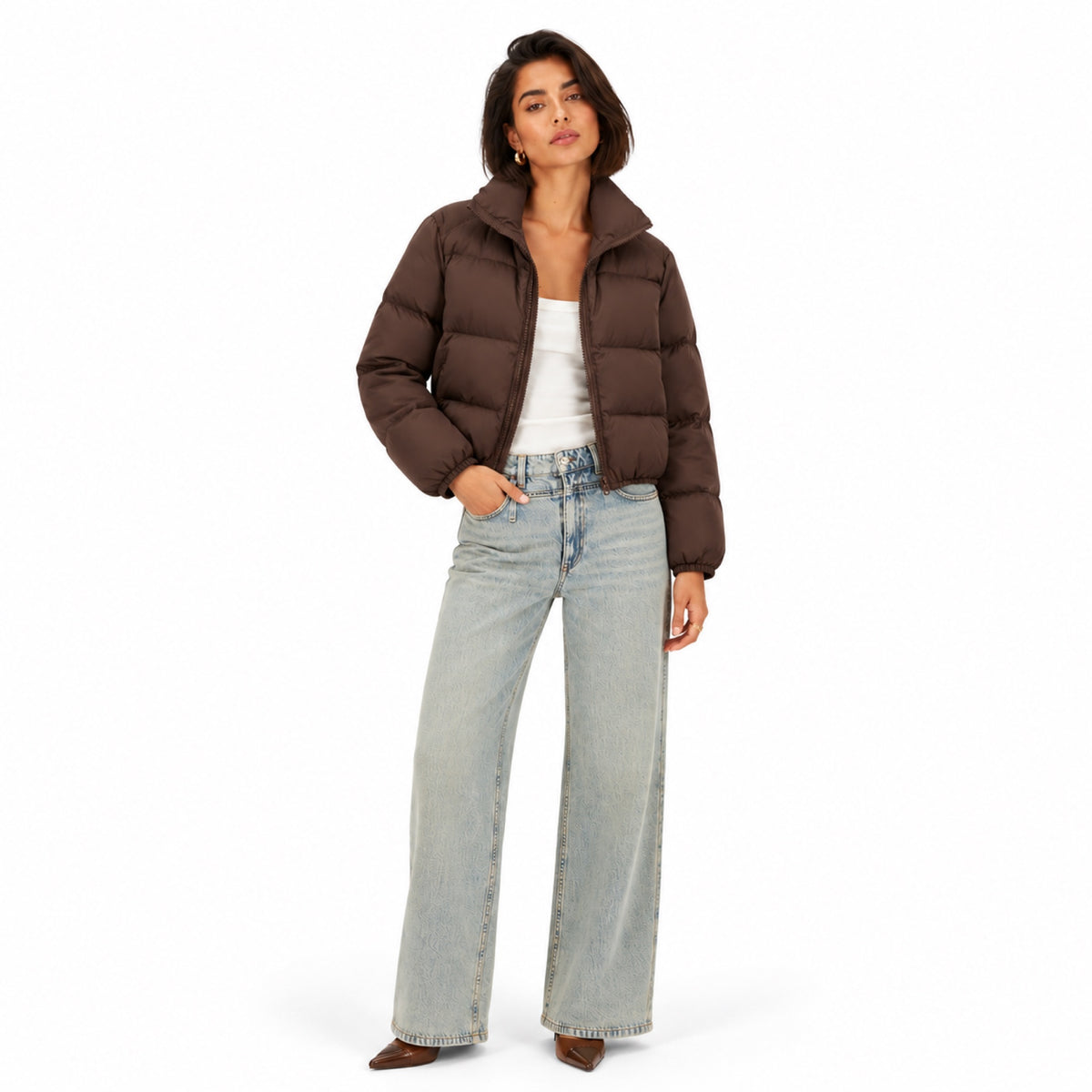 Women's Cropped Puffer Jacket High Stand Collar Relaxed Fit