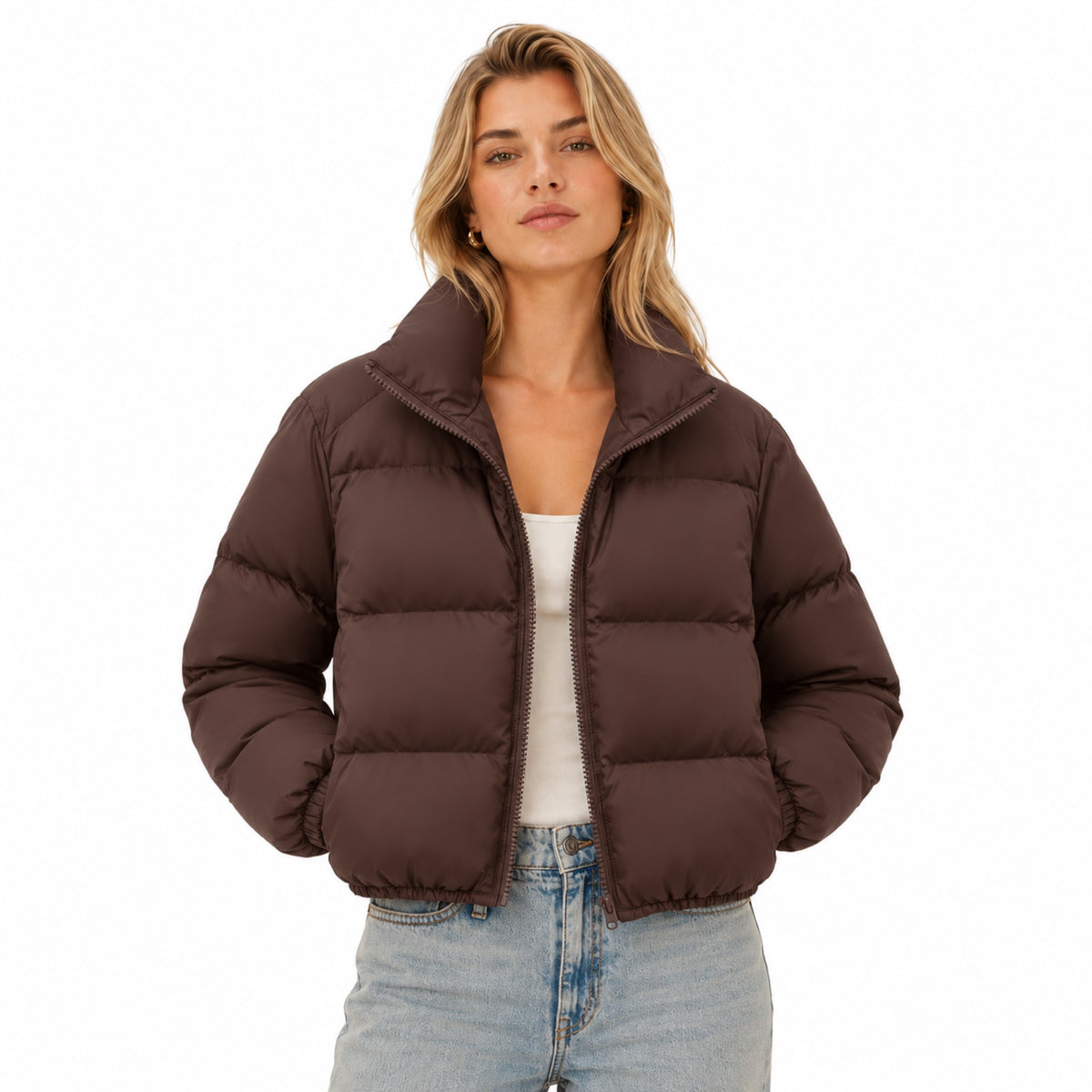 Women's Cropped Puffer Jacket High Stand Collar Relaxed Fit