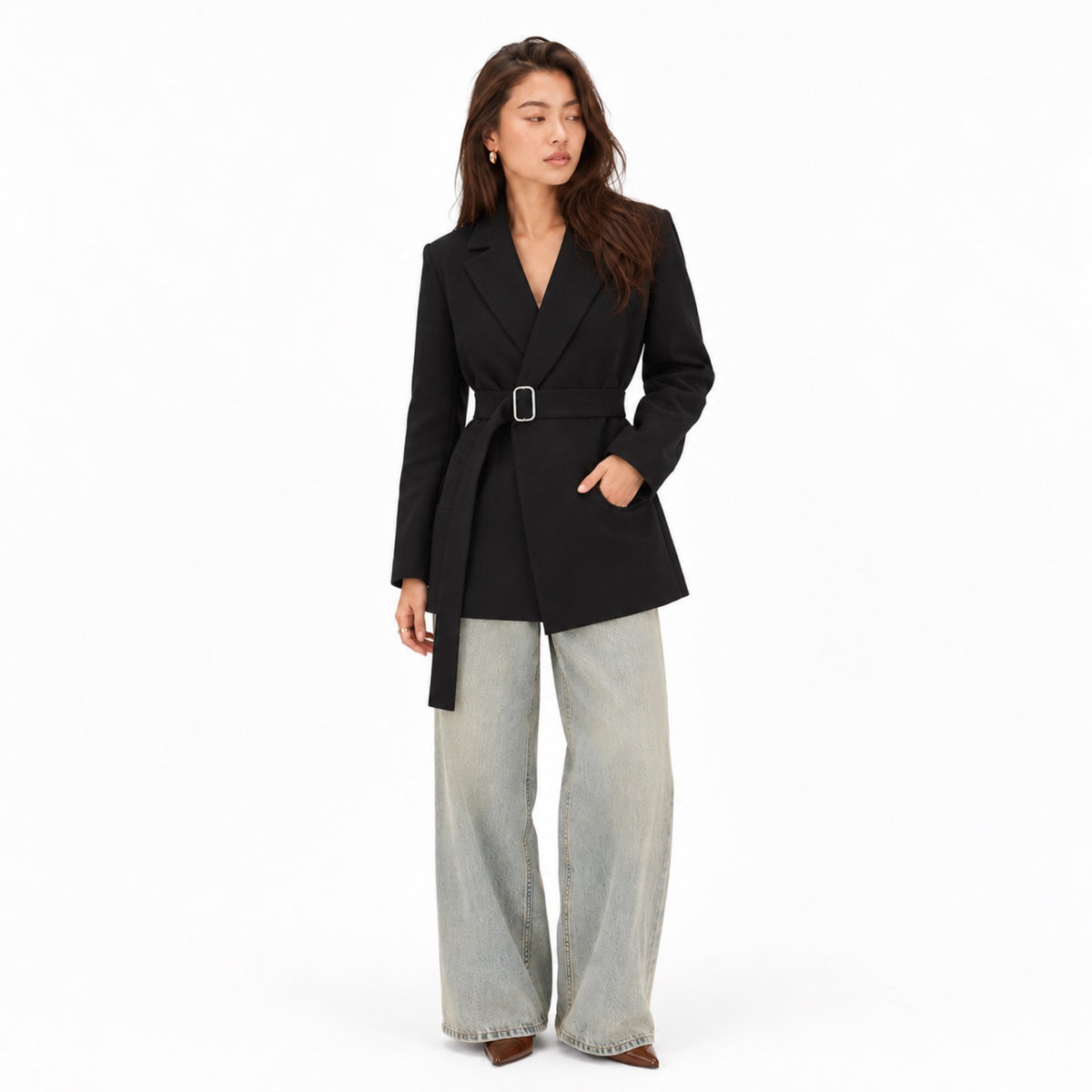 Women's Belted Wrap Blazer Jacket Notch Lapel Tailored Fit