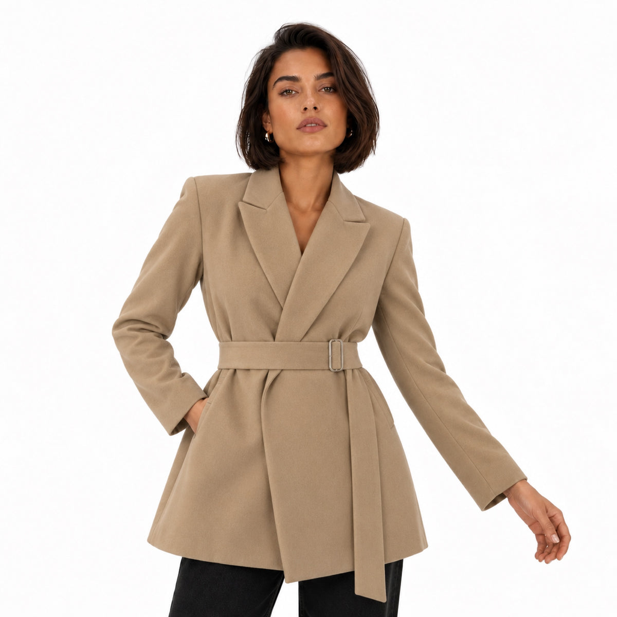 Women's Belted Wrap Blazer Jacket Notch Lapel Tailored Fit