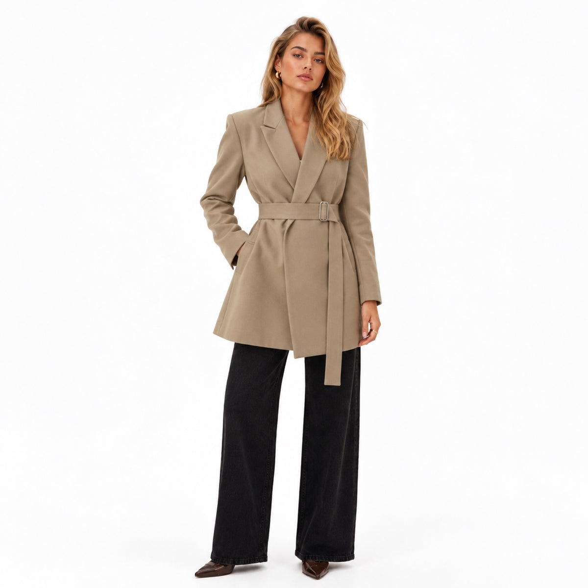 Women's Belted Wrap Blazer Jacket Notch Lapel Tailored Fit