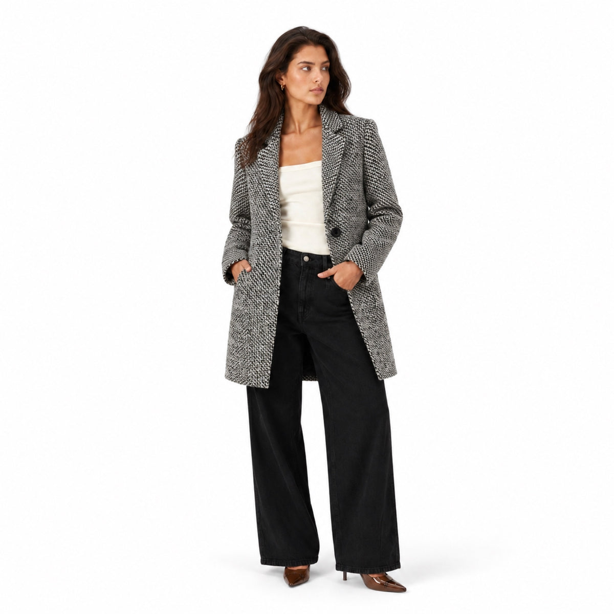 Women’s Herringbone Tailored Coat Notch Lapels Single Button
